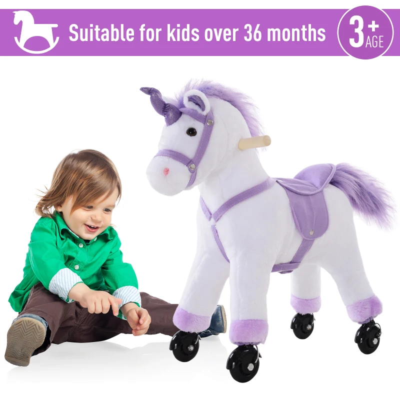 HOMCOM Kids Ride-On Rocking Unicorn, with Realistic Sounds, Handlebars, Purple/White