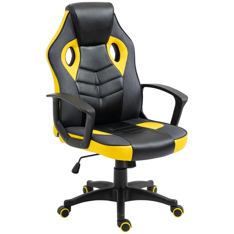 Vinsetto Sedia Gaming Ergonomica, Poltrona da Ufficio Girevole con Rotelle in Similpelle Nera e Gialla, Altezza Regolabile