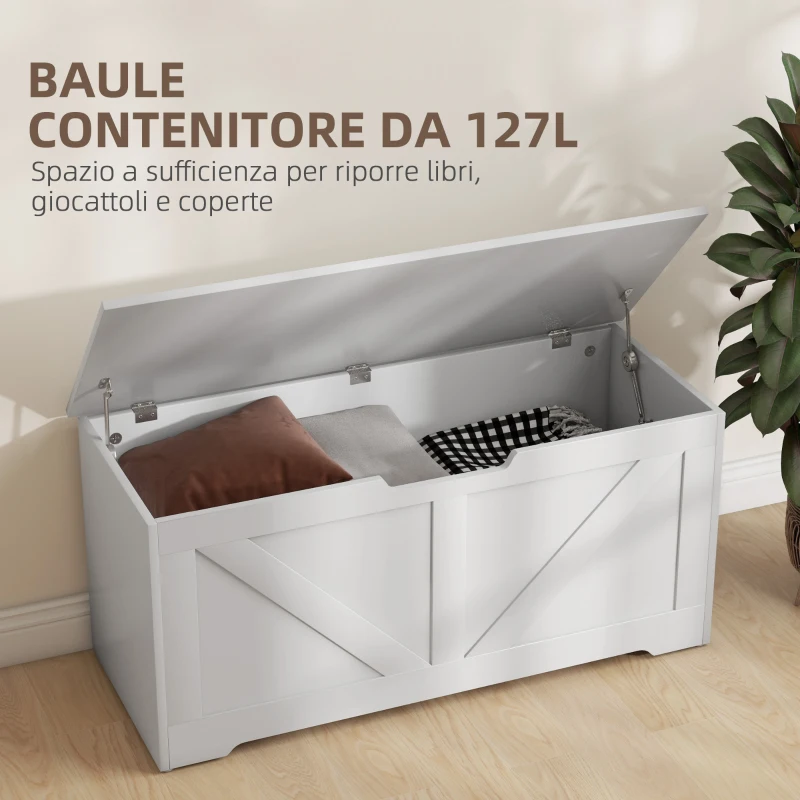 HOMCOM Cassapanca in Legno con Cerniere di Sicurezza, Panca Contenitore Capacità 127L, 100x40x45cm, Bianco