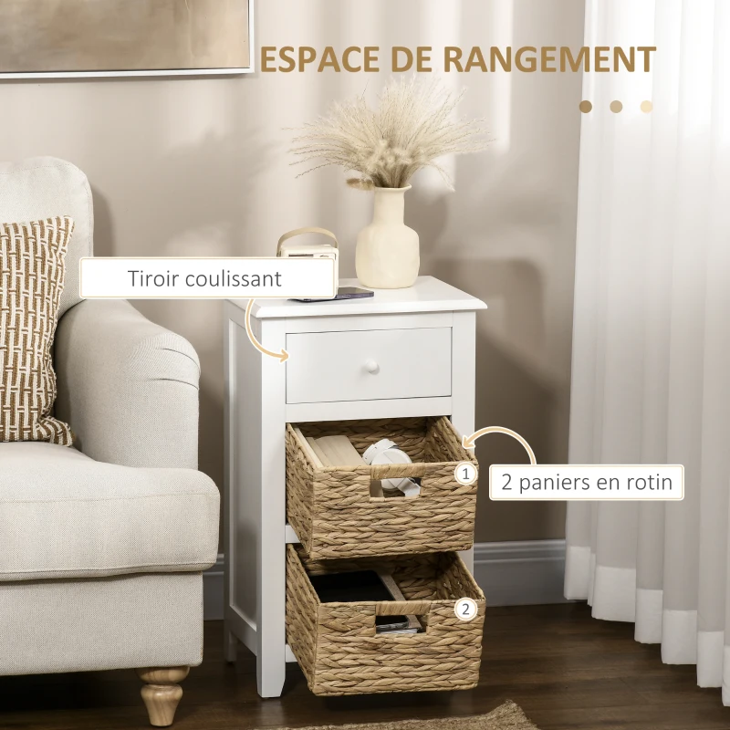 HOMCOM Table d'appoint, Bout de canapé, Chevet avec 1 tiroir et 2 paniers amovibles naturels effet rotin et MDF blanc