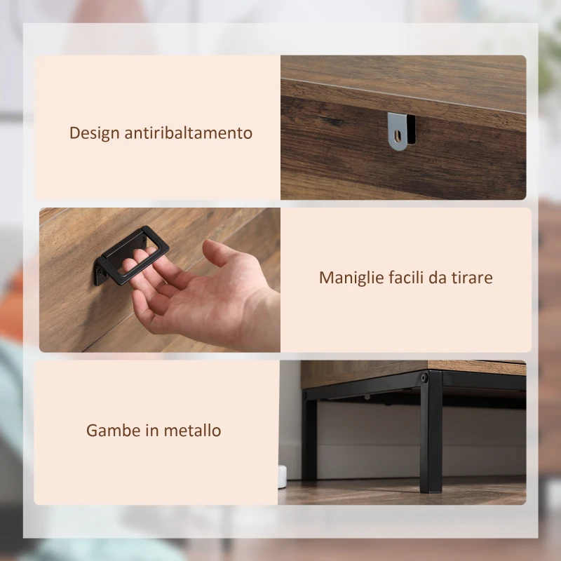 HOMCOM Cassettiera 4 Cassetti in Truciolato e Metallo per Soggiorno e Camera da Letto, 80x39x95 cm, Marrone