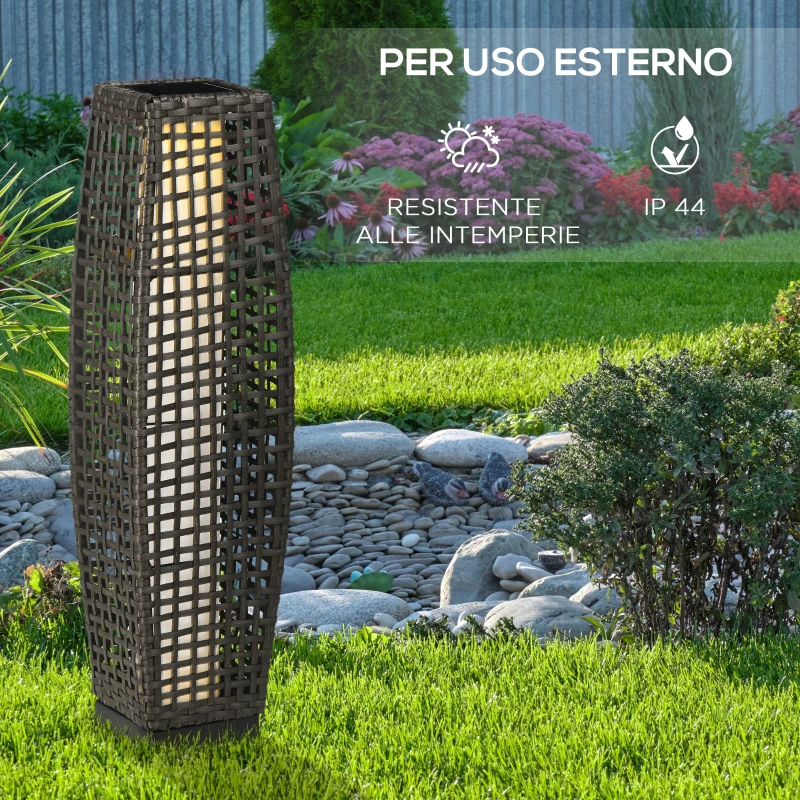Outsunny Lampada Solare da Giardino con Pannello di Ricarica, in Acciaio e Rattan, 21x21x78 cm, Nero e Grigio
