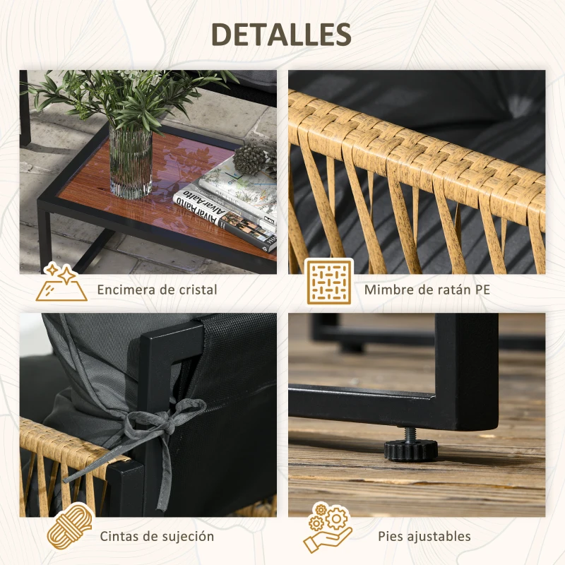 Outsunny Juego de 4 Piezas Muebles de Terraza con 1 Sofá de 2 Plazas 2 Sillones y 1 Mesa de Centro con Encimera de Cristal Gris