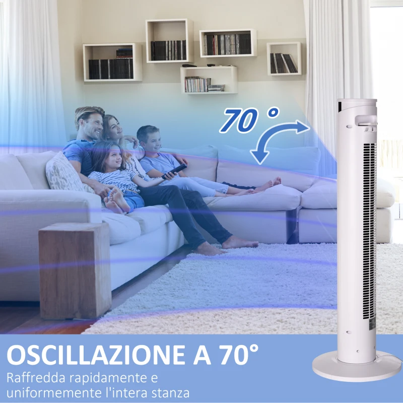 HOMCOM Ventilatore a Torre 45W a 3 Modalità e 3 Velocità con Timer da 12h, in ABS e Alluminio, Ø31.5x93 cm, Bianco
