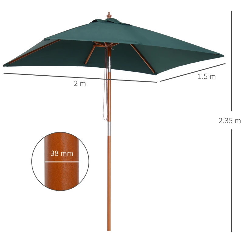 Outsunny Ombrellone da Giardino 2x1.5 m Inclinabile a 6 Stecche con Palo in Legno e Apertura a Corda, Verde