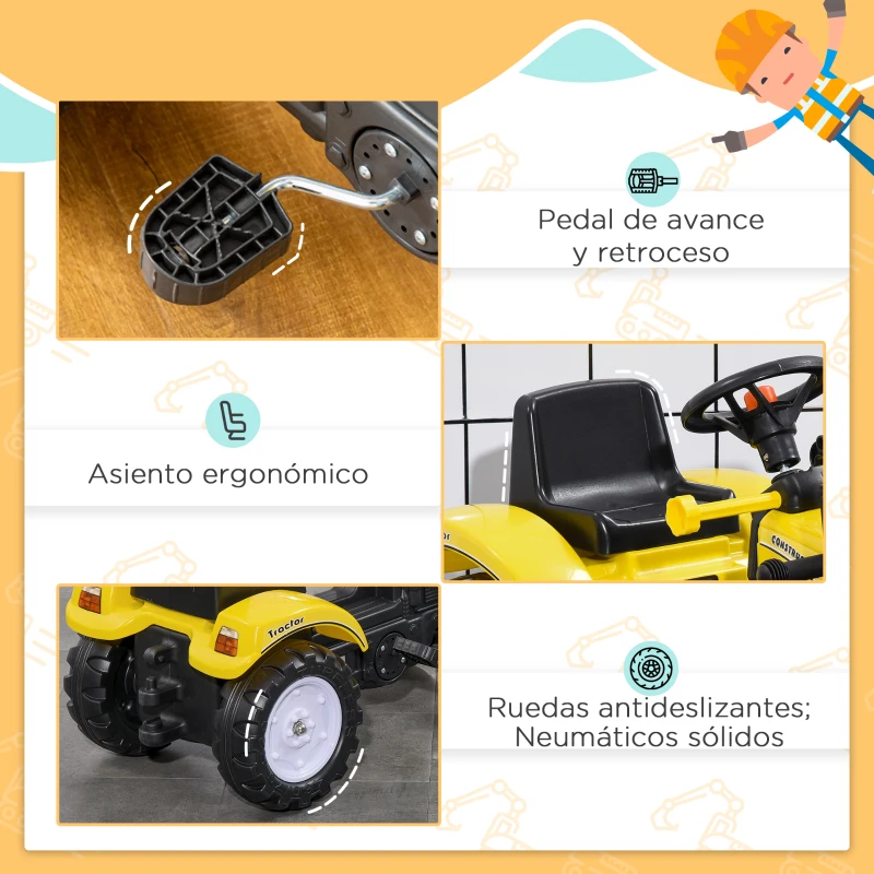 HOMCOM Tractor a Pedales para Niños a partir de 3 Años Excavadora con Pala Delantera Carga 35 kg 114x41x52 cm Amarillo