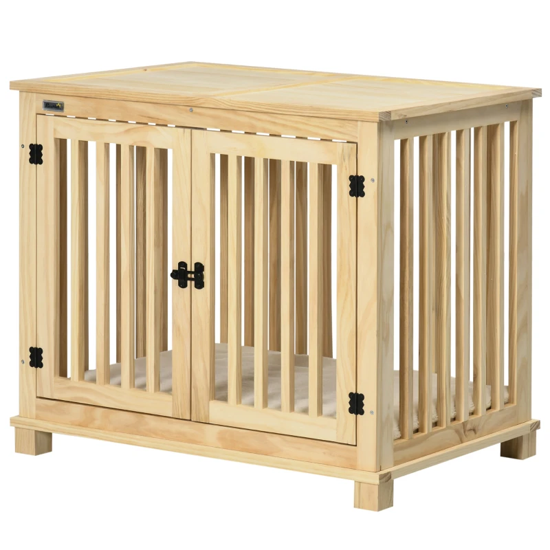 PawHut Wooden Dog Crate, with Double Doors, Cushion, for Medium Dogs - Natural Finish