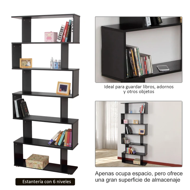 HOMCOM Estantería Librera 6 Estantes Madera Forma S 80x24x191 cm Estantes Color Negro