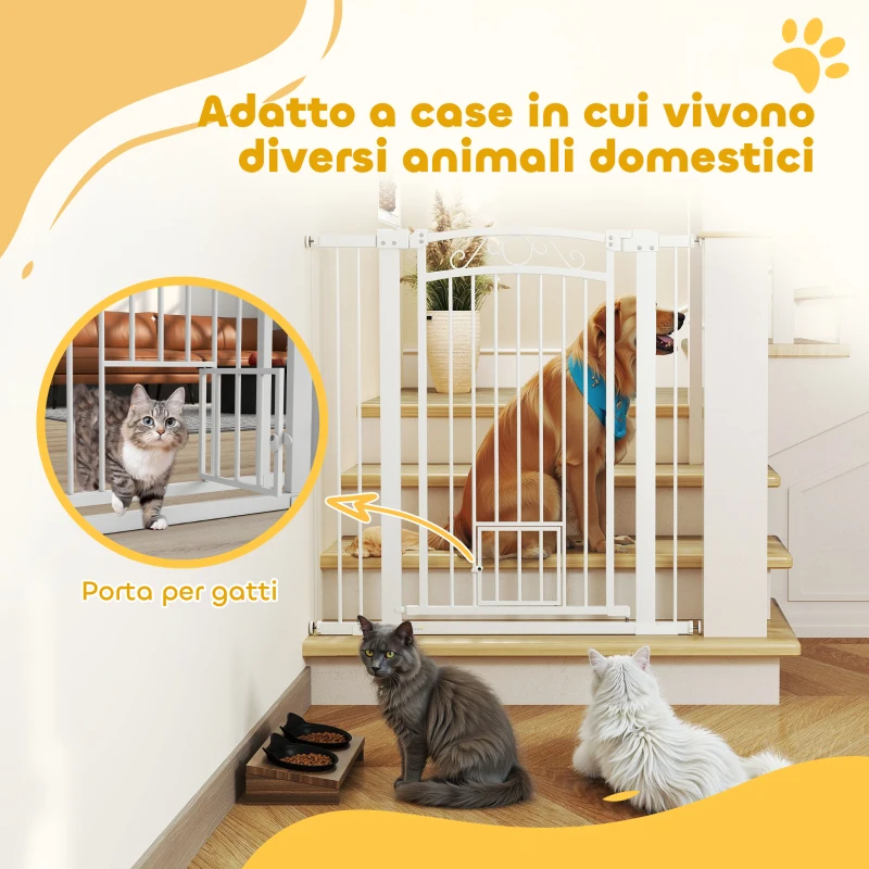 PawHut Cancellino per Cani Regolabile con Estensioni e Porta per Gatti, 76-104x106cm, Bianco