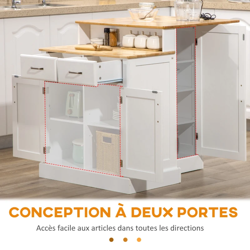 HOMCOM Desserte îlot de cuisine 3 placards étagères réglables 2 plans de travail en bois 2 tiroirs 76 x 97,5 x 92,5 cm blanc