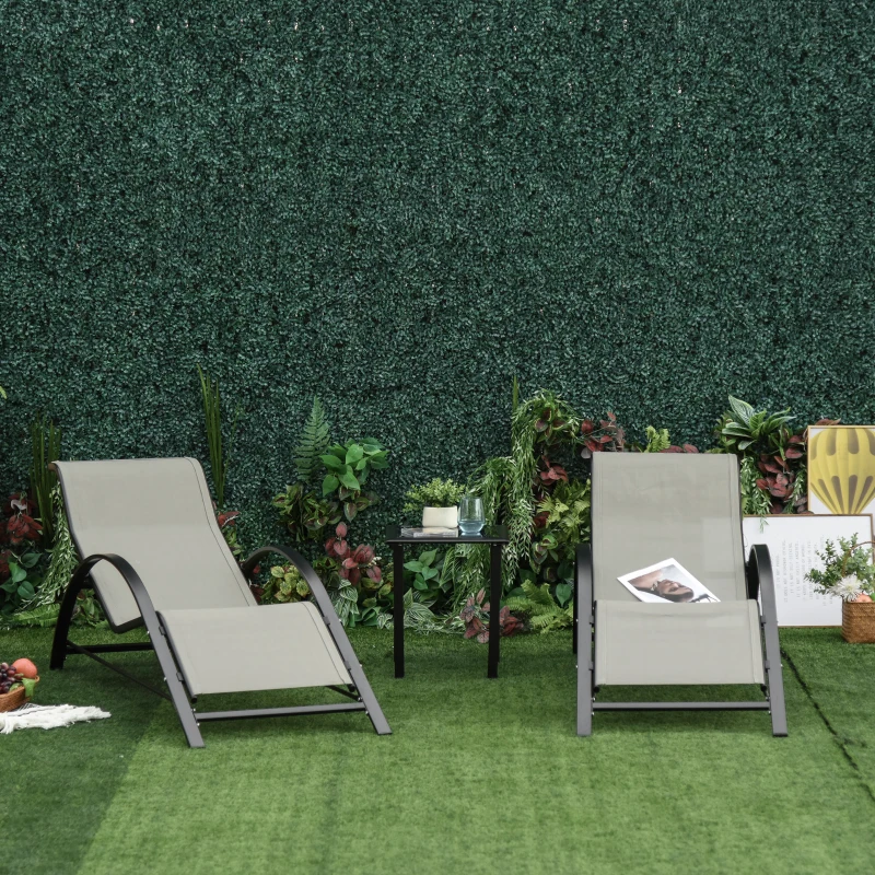 Outsunny 3 Pieces Sun Lounger Chair Set, Metal Frame Garden Outdoor Sunbathing Chair with Side Table and Armrest, Grey