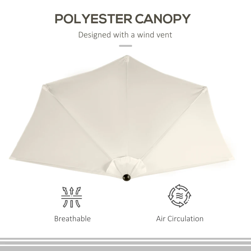 Outsunny 3(m) Half Parasol, Semi Round Umbrella with Metal Frame, Crank Handle for Balcony, Garden, Cream White