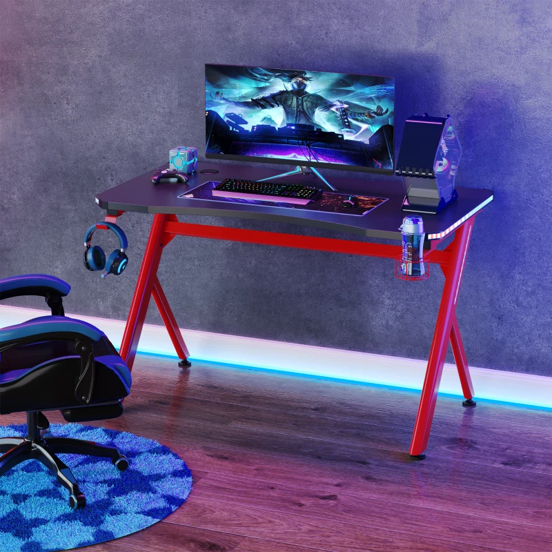 HOMCOM RGB Gaming Desk Computer Table Metal Frame with LED Light, Cup Holder, Headphone Hook, Cable Hole, Red