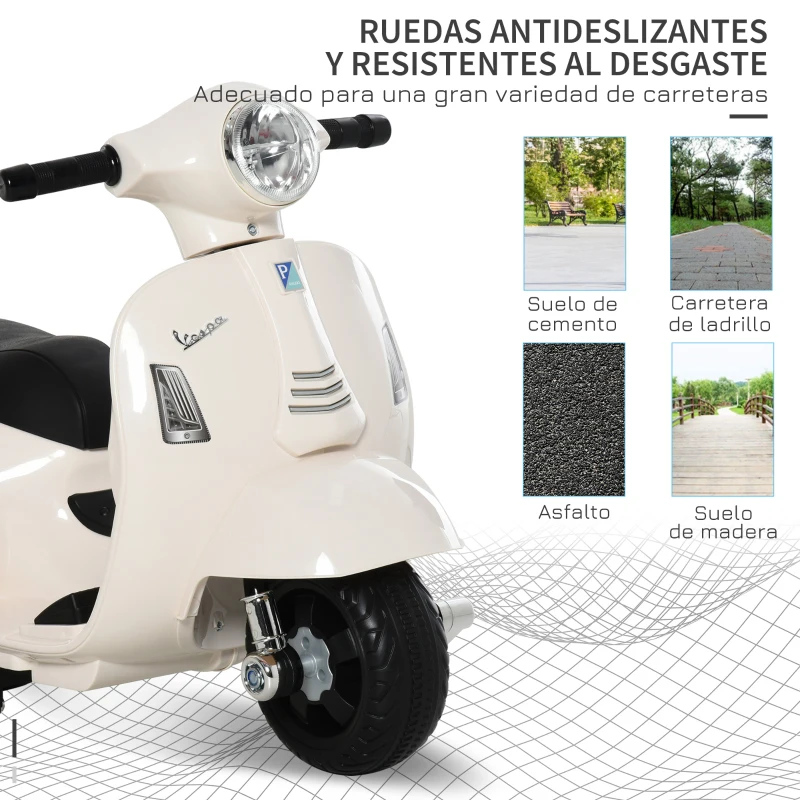 HOMCOM Motocicleta Infantil con Faro Bocina y 4 Ruedas Moto Eléctrica Vespa para Niños con Licencia 66,5x38x52 cm Blanco(m-6)