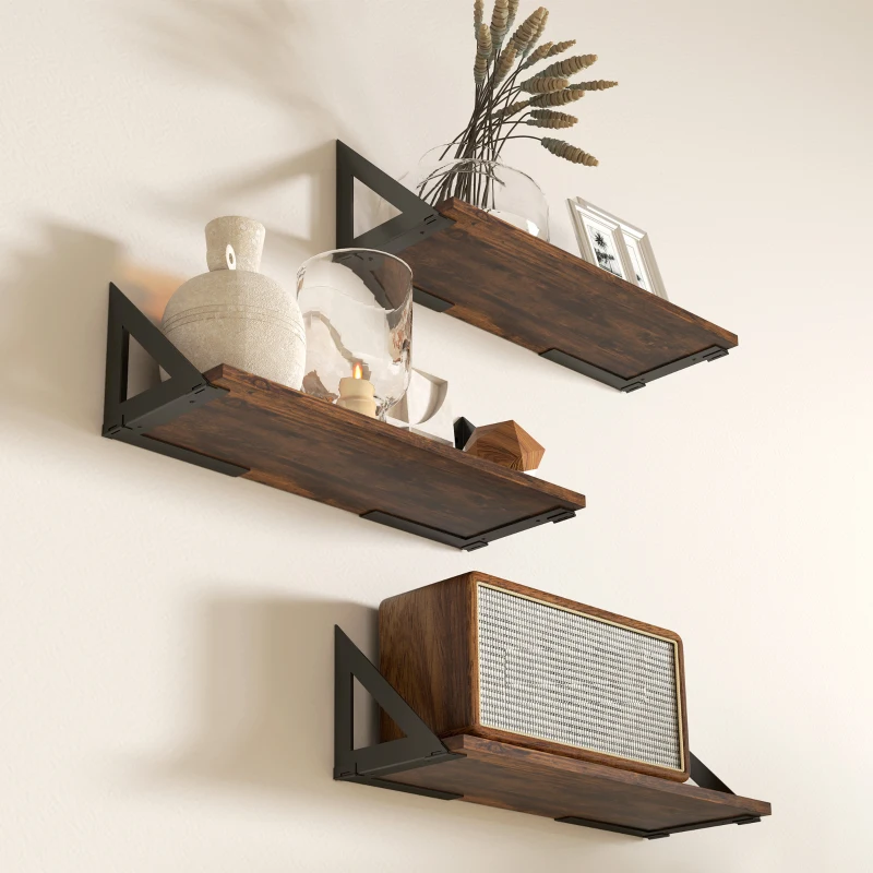 HOMCOM Set of 3 Wall Shelves, 43cm Vintage Wall Mounted Floating Shelves for Living Room, Entryway, Bedroom, Rustic Brown