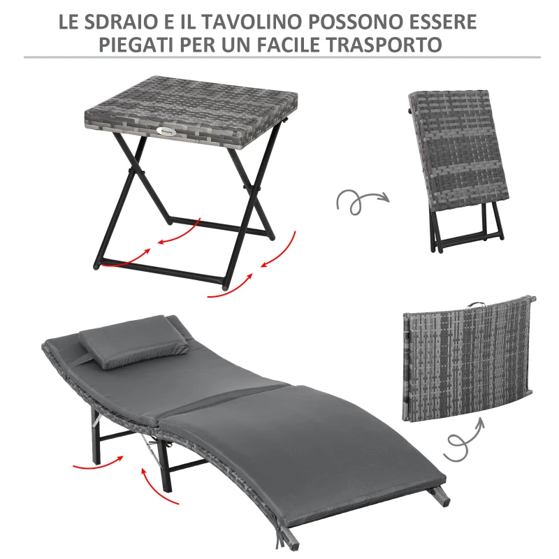 Outsunny Lettini Prendisole Richiudibili con Cuscini Rimovibili e Tavolino Pieghevole, Set 3 Pz in Rattan, Grigio