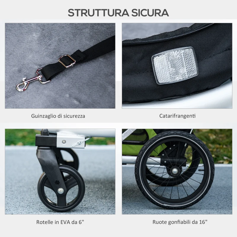 PawHut Rimorchio Bici e Passeggino per Cani 2 in 1 Pieghevole con Catarifrangenti e Bandierina, Verde