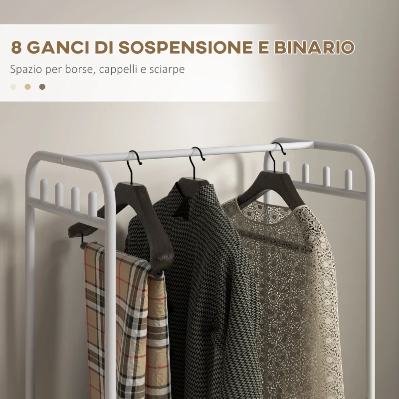 HOMCOM Stand Appendiabiti con Scarpiera a 4 Cesti e 8 Ganci, in Acciaio e Plastica, 63x37x153 cm, Bianco