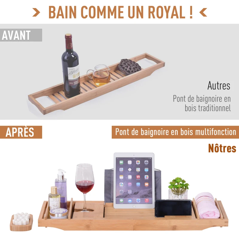 HOMCOM Pont tablette plateau de baignoire avec support de maintien rétractable 74-108L x 23l cm bambou