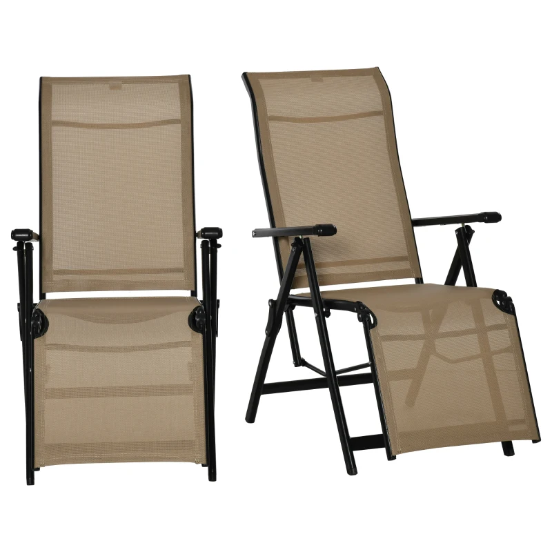 Outdoor Set of 2 Outdoor Sun Lounger 10-Position Adjustable Texteline Folding Reclining Chairs with Footrest for Patio Garden, Beige
