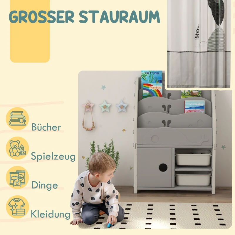 AIYAPLAY Kinderschrank, 4 Regalböden, 2 Aufbewahrungsboxen, HDPE, 67x29x98cm, Hellgrau