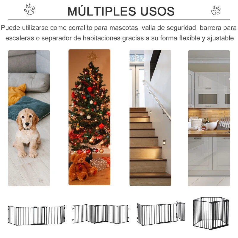 PawHut Barrera de Seguridad para Mascotas de 5 Paneles Plegable 300 cm con Cierre Inteligente para Escalera Pasillo Negro