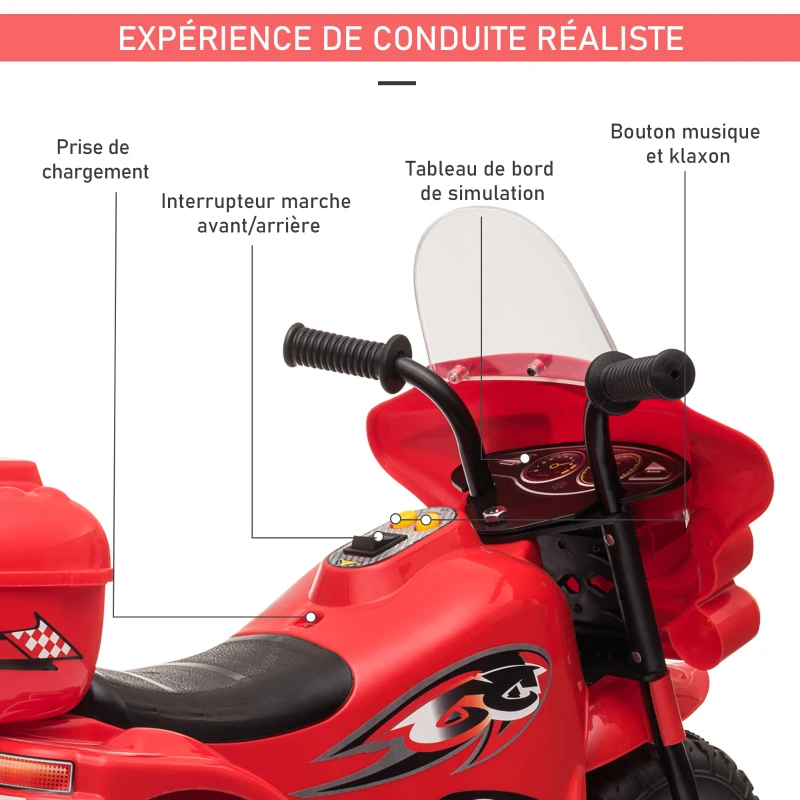 HOMCOM Moto Scooter électrique pour Enfants 2 ans modèle Policier 6 V 3 Km/h Fonctions Lumineuses et sonores Top Case Rouge
