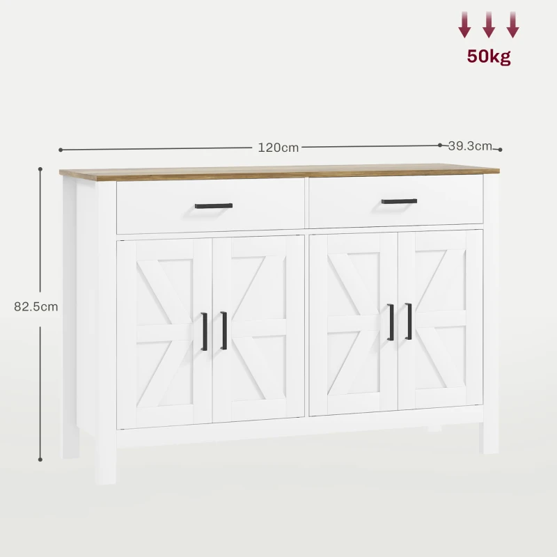 HOMCOM Credenza da Cucina con 2 Cassetti e 2 Armadietti Stile Rustico con Mensole Regolabili, Bianco