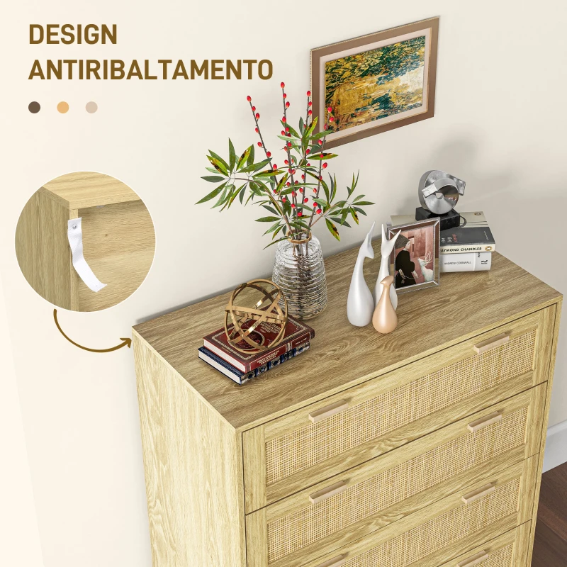 HOMCOM Mobile Cassettiera 4 Cassetti Stile Boho in Legno e Rattan, 90x45x108.5cm, Rovere