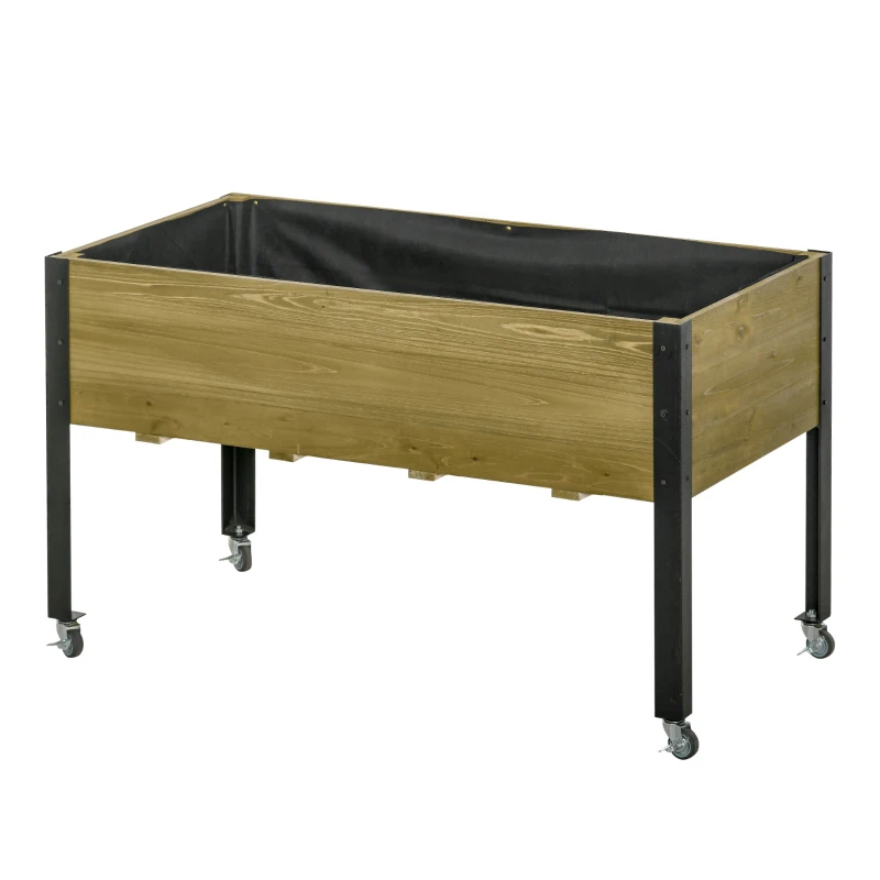 Outsunny Hochbeet mit Rädern Pflanztisch Blumenkasten mit Abfluss Massivholz Vliesstoff Hellbraun 120 x 60 x 72 cm