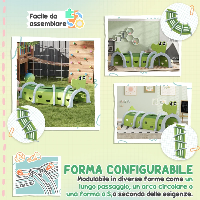 AIYAPLAY Tunnel per Bambini 3-6 Anni a Forma di Coccodrillo, Gioco per Interno ed Esterno in Plastica, Verde
