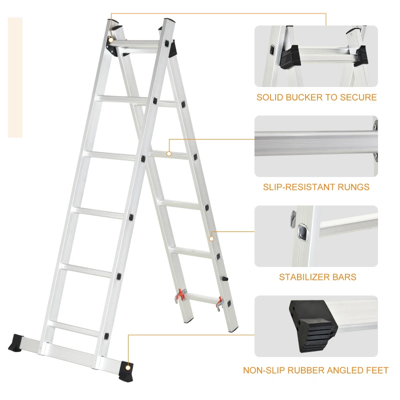HOMCOM 2.5m Foldable Aluminium Duo Ladder w/ Non-Slip Feet Safe Wide Steps Stable A Frame Suitable For Indoor Outdoor Home DIY