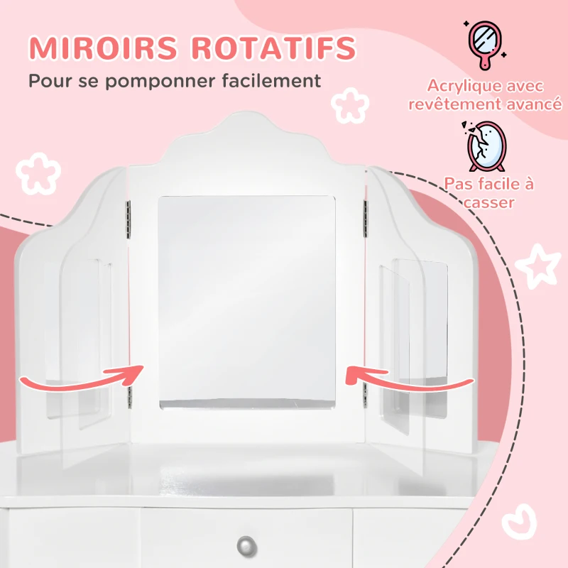 HOMCOM Coiffeuse Enfant avec Tabouret, Miroir triptyque et tiroir Coulissant - Coiffeuse dim. 63L x 40l x 85,5H cm - Blanc Acrylique