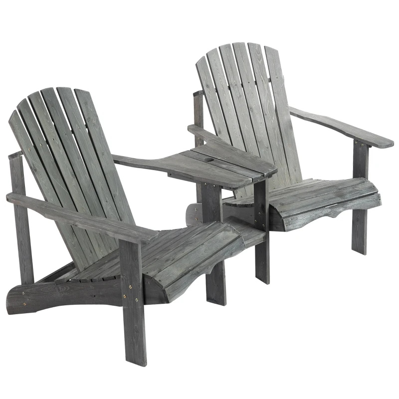 Outsunny Adirondack Gartenstuhl mit Tisch und Schirmloch 2 Sitzer Gartensessel Sitzgruppe Gartenmöbel für Balkon Massivholz Grau 178 x 87 x 92 cm