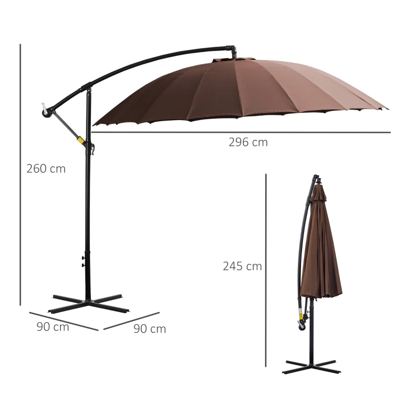 Outsunny Parasol déporté rond inclinable manivelle piètement mât métal. dim. Ø 2,96 x 2,45H m polyester haute densité chocolat