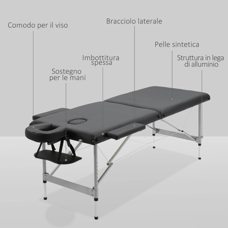 HOMCOM Lettino per Massaggio Portatile e Pieghevole con Altezza Regolabile e Seduta Imbottita, 186x71x62-83 cm, Nero