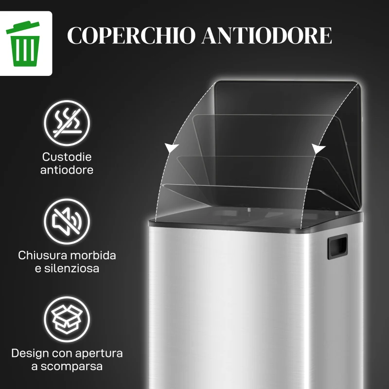HOMCOM Bidone Immondizia a 2 Sezioni da 30L a Pedale con Coperchio Silenzioso, in Acciaio Inox e PP, 47.7x37.5x66.8 cm
