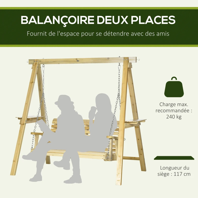 Outsunny Balancelle de jardin 2 places en bois hauteur réglable - 190 x 120 x 171 cm