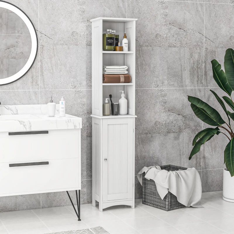 kleankin Columna de Baño con 3 Compartimientos Puerta y Estantes Ajustables para Ducha Aseo 34x23x165 cm Blanco