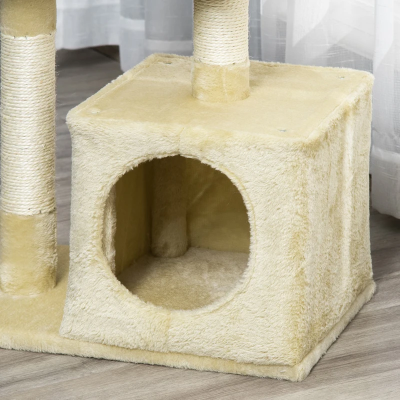 PawHut Tiragraffi per Gatti con Casetta, 2 Piattaforme e Pallina Giocattolo, Albero Tiragraffi in Truciolato, Sisal e Peluche, 50x30x81.5 cm, Beige