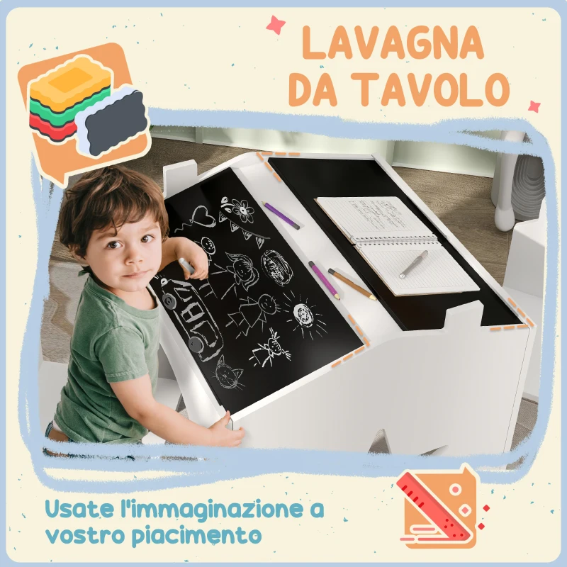 AIYAPLAY Set con 2 Sedie per Bambini e Tavolino con Lavagna per Cameretta e Asilo, Età 3-8 Anni, Bianco