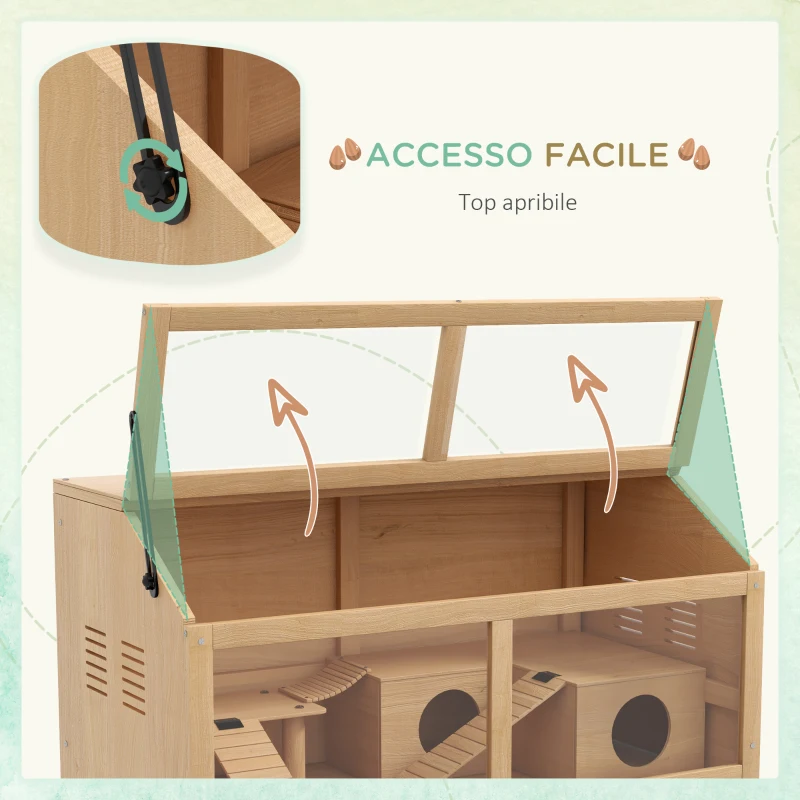 PawHut Gabbia per Criceti con Piattaforma, Scalette, Capanna e Ponte, in Legno di Abete, 85x45x44 cm