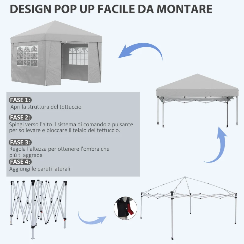 Outsunny Gazebo 3x3 m Pieghevole ad Altezza Regolabile con Finestrelle, in Acciaio e Tessuto Oxford Grigio Chiaro