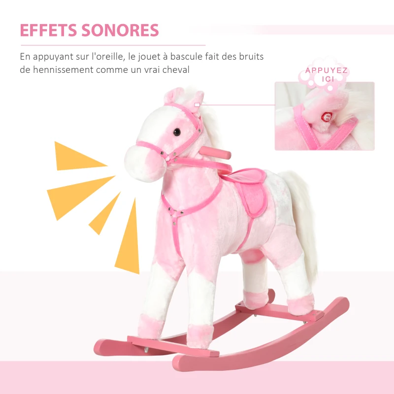 HOMCOM Cheval à Bascule en Bois et Peluche pour Enfant Cheval de Cowboy peluche Pour Enfants de 3-6 Ans Jouet balançoire avec Effet sonore Selle rênes Rose Blanc