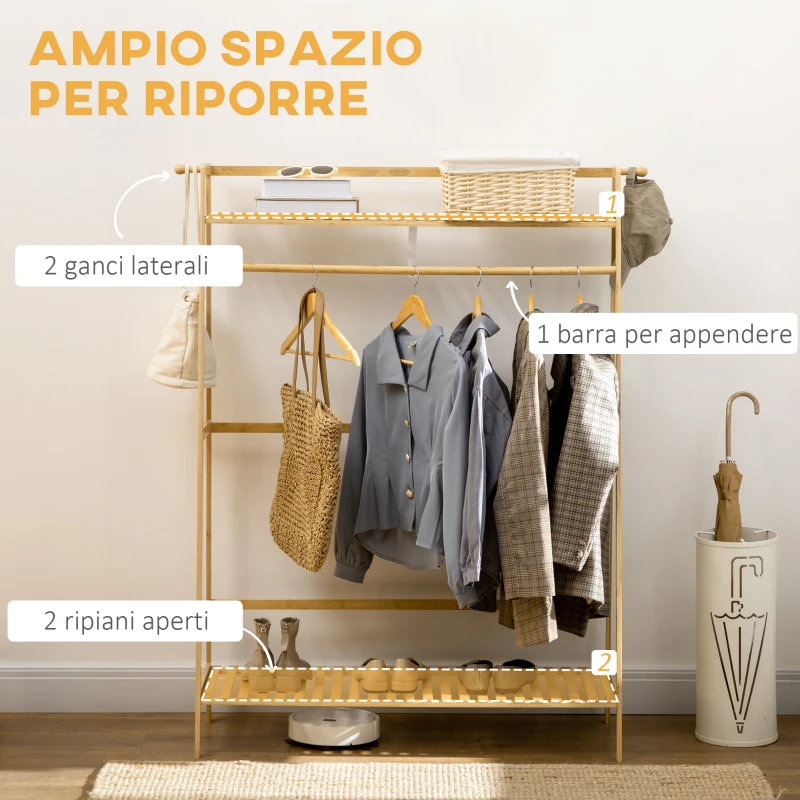 HOMCOM Appendiabiti in Bambù, Design Rialzato a 2 Livelli con Barra e 2 Ganci, 114x40x139 cm