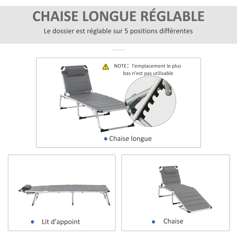 Outsunny Bain de soleil transat pliable dossier réglable multi-positions matelassage tétière aluminium textilène gris