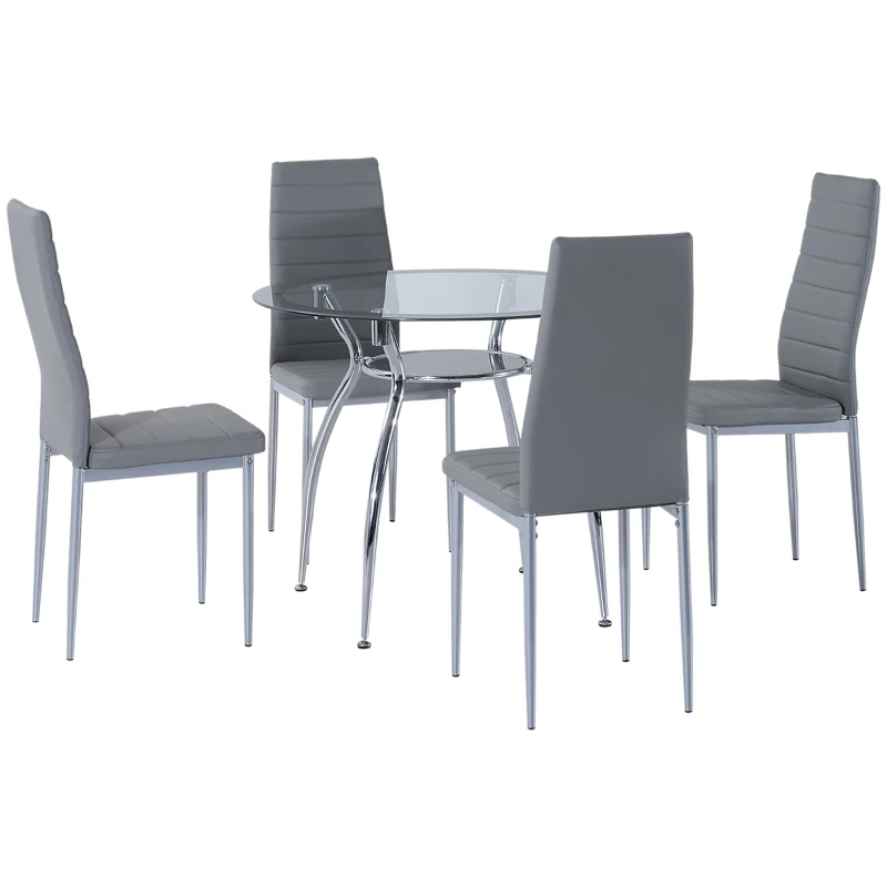 HOMCOM Conjunto Mesa y 4 Sillas de Comedor 5 Piezas Mesa Redonda de Vidrio Templado y 4 Sillas con Patas de Acero Gris