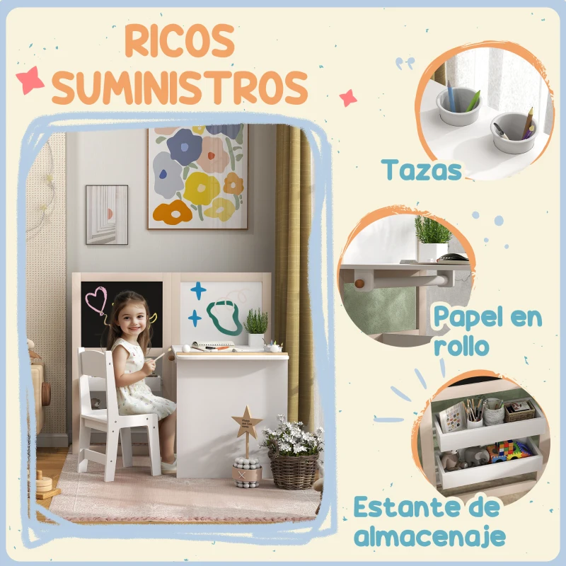 AIYAPLAY Mesa Infantil con Silla y Caballete Plegable Mesa para Niños de +3 Años con Estantes y Rollo de Papel Blanco