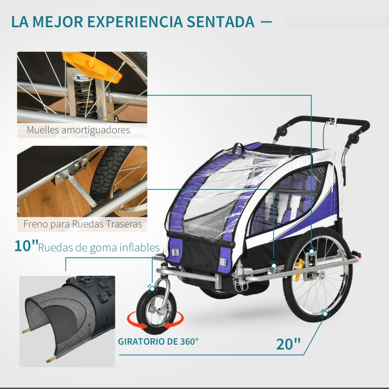 HOMCOM Remolque para Bicicleta con Barra de Paseo para Niños de 2 Plazas con Rueda Delantera Giratoria 360° y Asiento Acolchado Carga Máx. 40 kg Violeta
