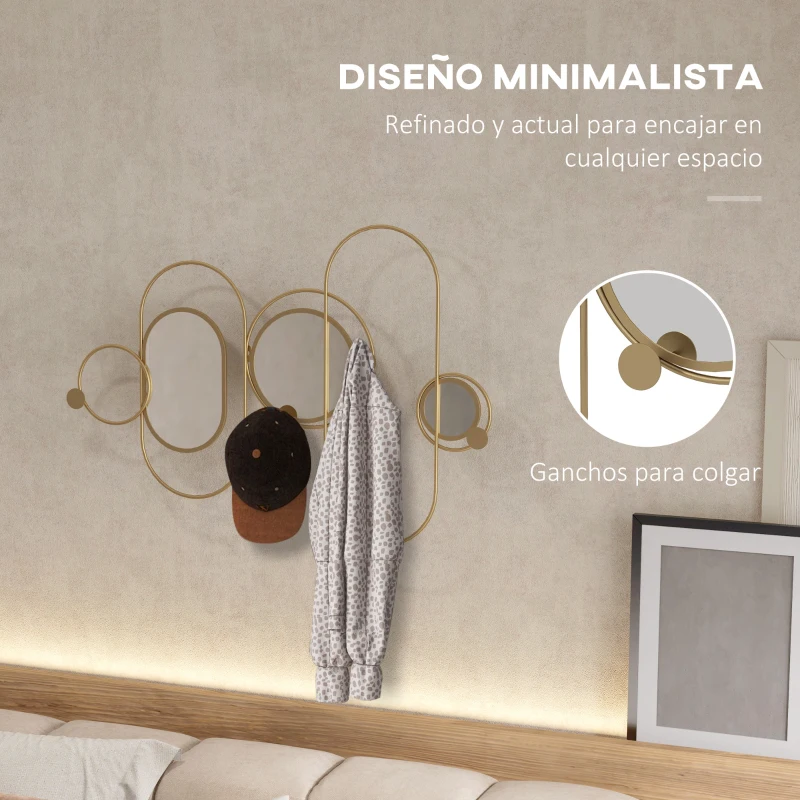 HOMCOM Espejo Decorativo de Pared con 4 Ganchos y 3 Espejos Decorativos para Colgar Abrigos Bolsos para Pasillo 106x71cm Dorado